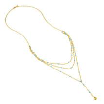 14K Solid Yellow Gold Layered Lariat Light Blue Enamel Necklace 18 inches - £309.43 GBP