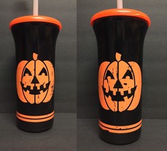 2 Halloween Pumpkin Plastic Drinking Cups w/Lids Sport Quart 32 oz Whirley - £1.45 GBP