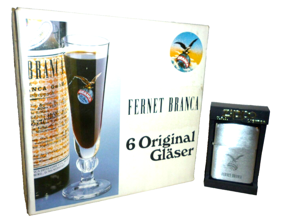6 Fernet Branca Shot Glasses &amp; Fernet Branca Zippo Lighter in Box - $124.50