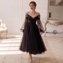 Beautiful Black Princess Evening Dress A-Line Sexy Illusion Long Sleeve V-Neck L - £260.53 GBP