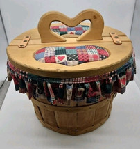 VINTAGE FABRIC LINED BUSHEL FLIP TOP SEWING BASKET WITH HEART SHAPED HAN... - $38.99