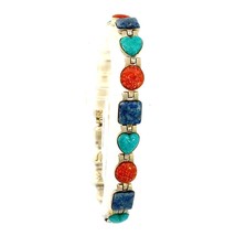 Vintage Sterling Silver Carolyn Pollack Turquoise Coral Inlay Symbols Bracelet - £67.26 GBP