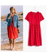 NWT Madewell Scalloped Eyelet Midi Dress Size 2 Split Neck Coral Red $150 - £50.55 GBP