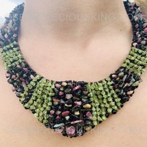 Multi Tourmaline &amp; Peridot Beads 18&quot; Handmade Delicate Rocks Bib Collar Necklace - £88.83 GBP