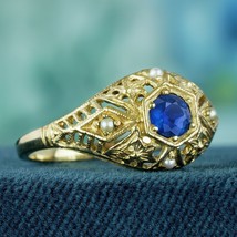 Natural Blue Sapphire and Pearl Art Deco Style Filigree Ring in Solid 9K Gold - £593.21 GBP