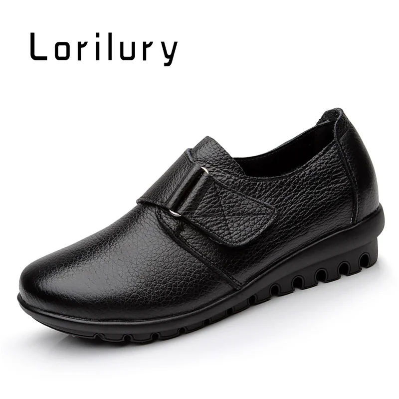 Women Genuine Leather Moccasins Mom Hook and Loop Wedge Shoes Female Plus Size 4 - £41.00 GBP