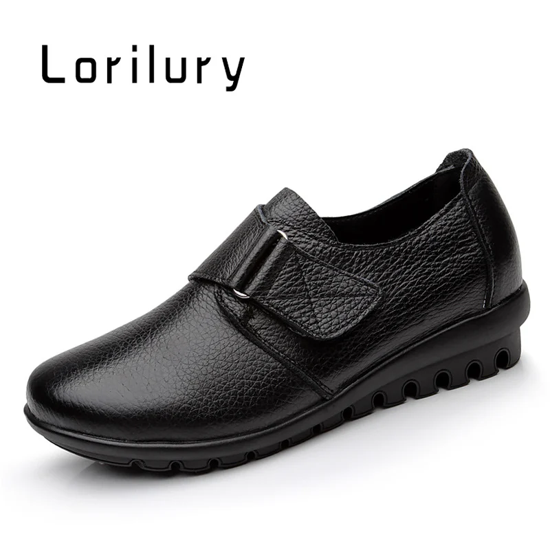 Women Genuine Leather Moccasins Mom Hook and Loop Wedge Shoes Female Plus Size 4 - $52.42