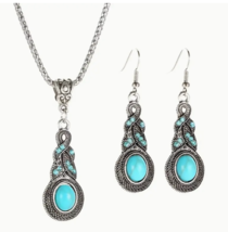 Boho Vintage Rhinestone Earring Necklace Set – Beautiful Turqouise Blue - £11.94 GBP