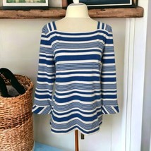 Talbots Striped Top S Blouse Nautical Square Neck 3/4 Sleeve Blue White ... - $22.76