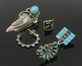 ZUNI NAVAJO 925 Silver - Vintage Turquoise &amp; Onyx Lot Single Earrings - EG11227 - £91.19 GBP