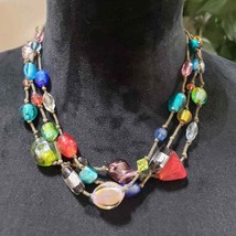 Womens Fashion Triple Strand Multicolor Rhinestones Beaded Charm Necklace - $27.00
