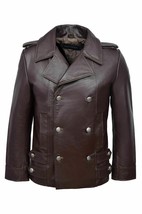 Men&#39;s German Brown Naval Military Real Leather Jacket Coat - $74.24+