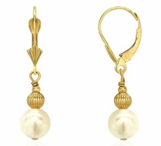 14K Yellow Gold 7MM Freshwater Pearl Dangle Lever Back Earrings - £131.39 GBP