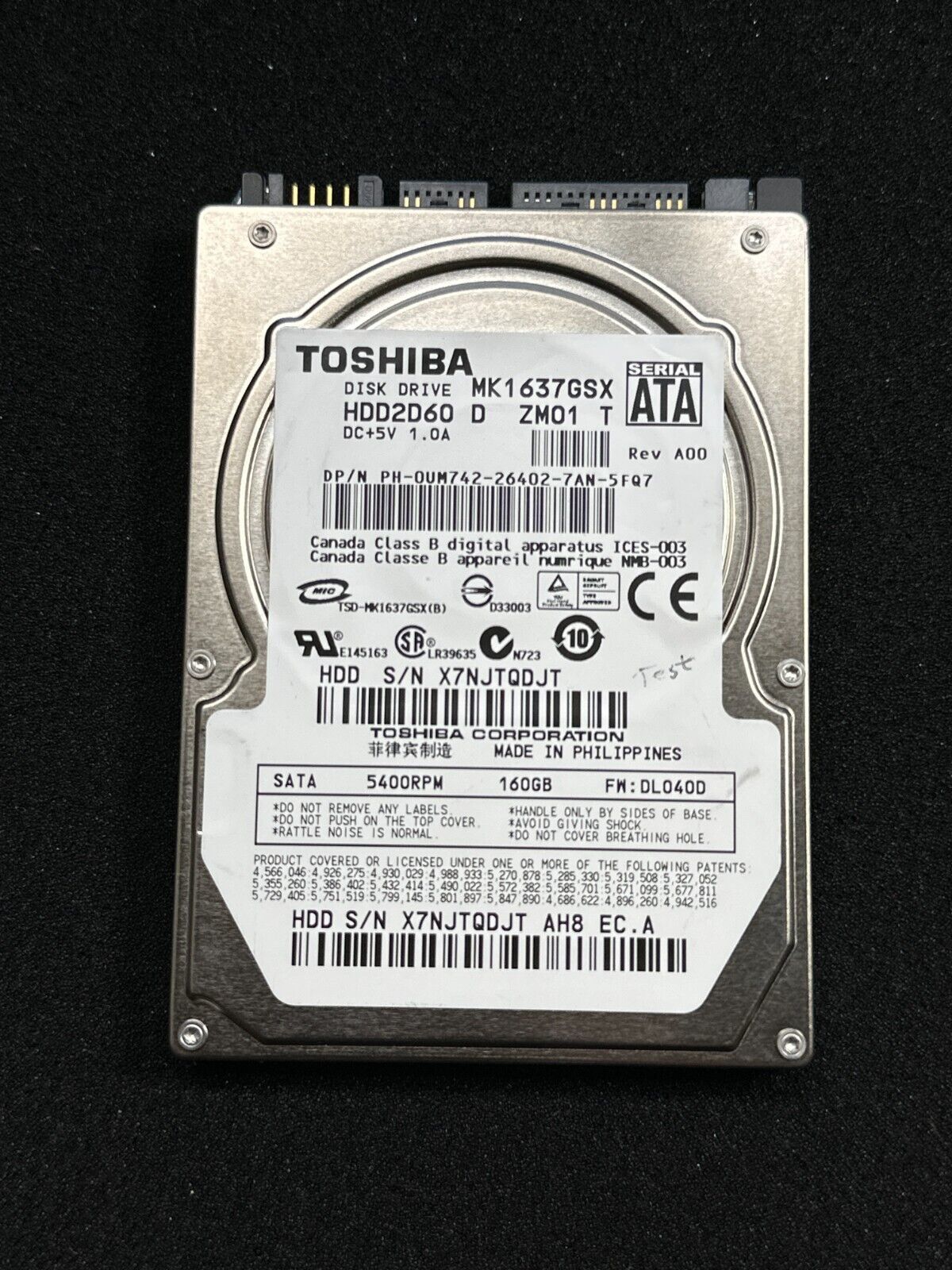 TOSHIBA 160GB MK1637GSX HDD2D60 Hard Drive - $10.29