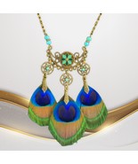 Peacock Feathers Necklace Turquoise Beads &amp; Long Brass Chain30&quot; Fashion ... - €17,49 EUR