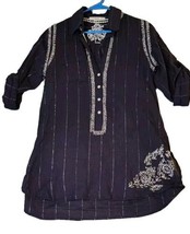 Subtle Luxury Navy Blue Cotton Boyfriend Shirt Tunic Coverup Embroidered  S/XS - £19.99 GBP
