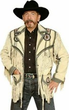 Mens Western Cowboy Beige Suede Leather Fringe Bones Beaded Jacket BEJ109 - $159.00
