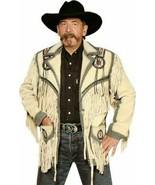 Mens Western Cowboy Beige Suede Leather Fringe Bones Beaded Jacket BEJ109 - £126.72 GBP