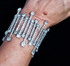 Rhinestone Bracelet Stretch, Silver Tone Bracelet, Crystal Pageant Prom Jewelry, - £32.77 GBP