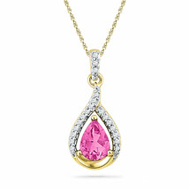 10k Yellow Gold Womens Pear Lab-Created Pink Sapphire Solitaire Diamond Pendant - £270.42 GBP