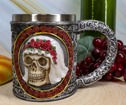 Ebros Love Never Dies Bride &amp; Groom Skulls W/ Rose Wreaths Scroll 2-Sided Mug - $25.99