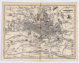 1887 Original Antique City Map Of Lausanne / Switzerland - £22.50 GBP