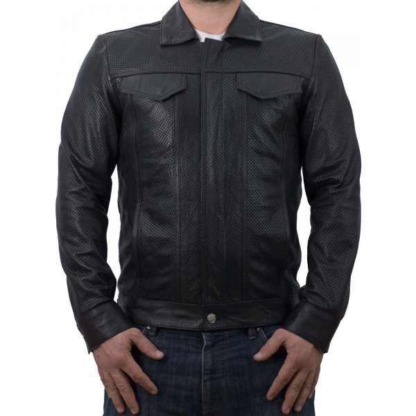 LE Leather Collar Biker Jacket in Black