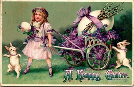 Vtg Postcard A Happy Easter Flower Cart Violets Giant Egg Easter Bunny Embossed - £6.50 GBP