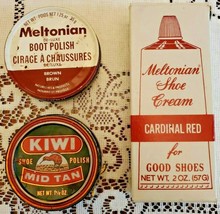 Vintage Tin Can Kiwi Shoe Polish Tan Meltonian Brown New Red Shoe Cream Empty  - £7.89 GBP