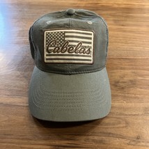 Cabela&#39;s American Flag Logo Baseball Cap Cotton Khaki Green Adjustable Hat OSFM - £12.33 GBP