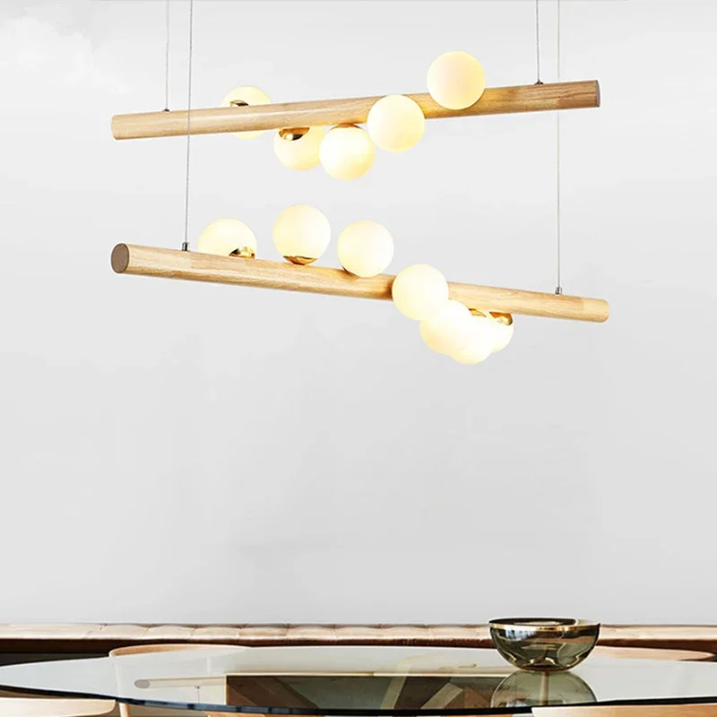 LED Long Wood Pendant Lights Modern Glass Ball Chandelier Art Design Lum... - $221.36+
