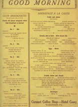 Coronet Coffee Shop Menu Hotel Casey Scranton Pennsylvania 1950 - $47.52