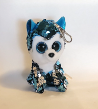 Ty Beanie Flippables Husky Dog Blue Silver Sequin Plush Keychain Clip 4&quot; - £7.77 GBP