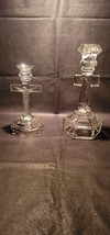 Vtg Pair Clear Glass Jesus Cross Candlestick Candle Holder 7&quot;,10&quot; - £10.38 GBP