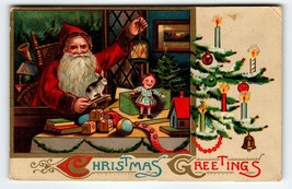 Santa Claus Christmas Toys Tree Lit Candles Gel Postcard 1913 Antique Saxony - £18.22 GBP