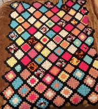 Handmade 60s Crochet Afghan Blanket Vintage Throw  46 x 57 Granny Squares Multi - $61.88