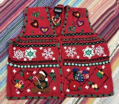 Vtg Designer Originals Studio Christmas Vest Red Gifts Snowflakes Heart Bears PL - £18.49 GBP