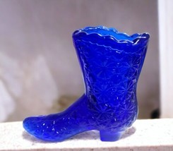 Cobalt Blue Glass Daisy &amp; Button High Top Boot Shoe Figurine Toothpick Holder 4&quot; - £11.65 GBP