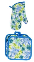 FLORAL Design KITCHEN SET 6pc Dish Towels Potholders Oven Mitt Blue Flower Enjoy image 4