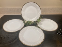 4 Vintage Fire King 9” Swirl Milk Glass DINNER Plates with Gold Trim - $48.19 CAD