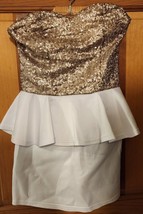 NWOT Women&#39;s Gold Sequin White Sweetheart Sleeveless Peplum Dress Size S... - £39.82 GBP