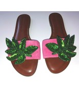 Veronica Beard Flor Sandal Green Sequin Leaf Patch Pink Suede Slides Eur... - $178.15 CAD