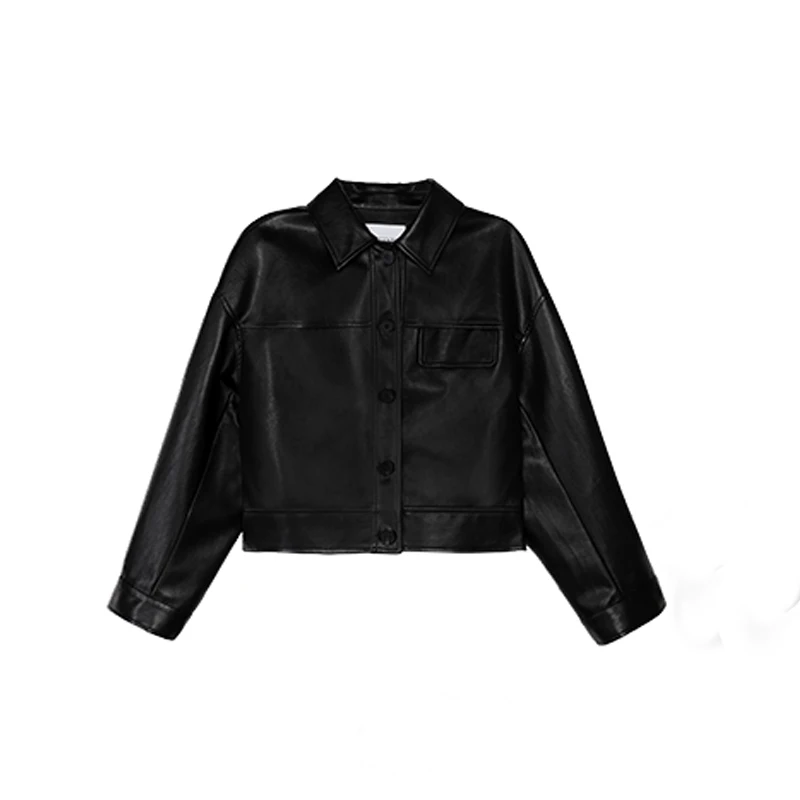 Black Cropped Leather Jacket Women Korean   Leather Blazers Women Vintage wear M - £150.47 GBP