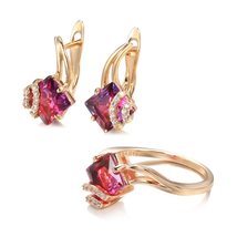 Kinel Hot Square Red Natural Zircon Ring Earrings Sets 585 Rose Gold Dangle Earr - £18.47 GBP