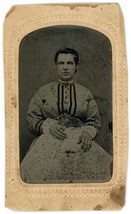 Circa 1860&#39;S Cdv Cartouche Hand Tinted Tintype Beautiful Woman In Gorgeous Dress - £13.15 GBP