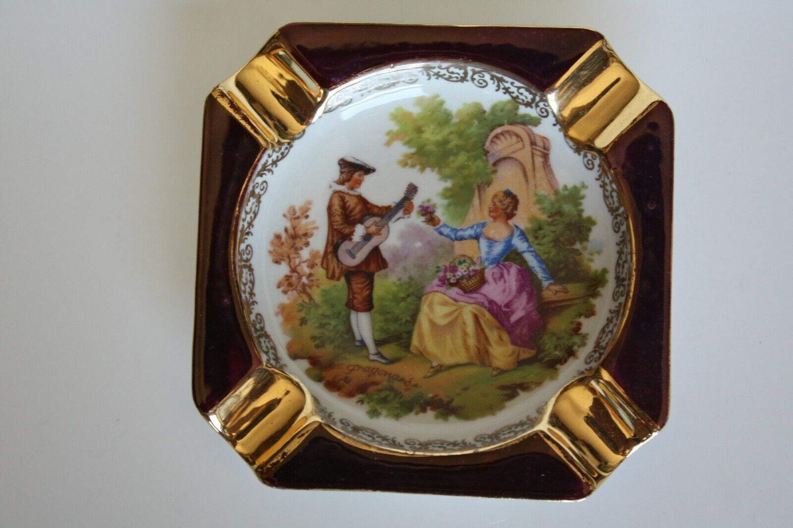 Limoges France Porcelain Ashtray w/ Gold French Fragonard Courting Couple Scene - $47.04