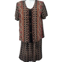 Vintage Brown Red Geometric Button Up Short Sleeve Top Skirt Suit Set si... - $24.29