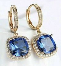 4.30Ct Cushion Cut Blue Sapphire Drop &amp; Dangle Earrings 14K Yellow Gold Finish - £74.13 GBP