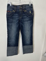 Y2K Baby Phat Cuff Hem Mid Rise Embroidered Pockets Denim Jeans Size 6 - £23.20 GBP