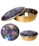 Vintage hand painted Heavy Brass  floral Enamel Round  Trinket Box made ... - $39.55